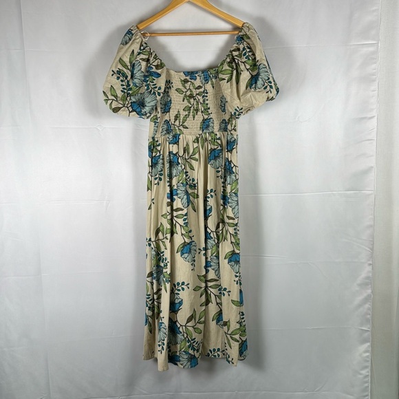 Tulip Creations Cream Floral Print Puff Sleeve Scoop Neck A-Line Midi Dress Lg - Picture 7 of 12